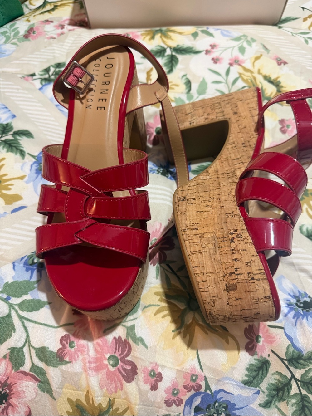 Journee Collection Red Patent Cork Platform Wedge Sandals